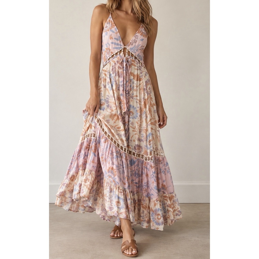 Free People Pages Of Gold Maxi Dress Floral Crochet Boho Festival Pink